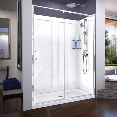 You'll find <strong>shower</strong> glass panels that feature hinges for swinging your <strong>shower door</strong> open, as well as panels with rollers that slide to open. . Shower kits complete with base walls and door lowes